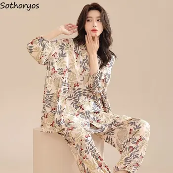 Мешковатые пижамные комплекты, женская повседневная шикарная весенняя домашняя одежда с винтажным принтом, Женская одежда для сна, Дышащая Стильная Корейская мода 2023