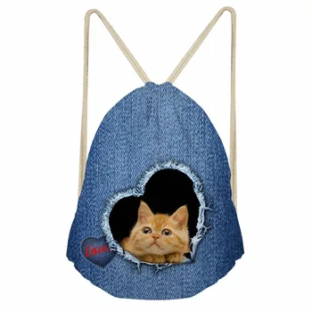 Женский рюкзак, маленькая сумка на шнурке из джинсовой ткани с 3D принтом кота, мужские дорожные пляжные сумки для хранения, легкая пляжная сумка для девочек