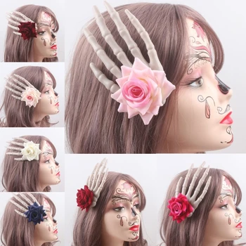 Женская заколка для волос в готическом стиле, заколка Сбоку, Винтажная заколка-Скелет с розой, реквизит для музыкального фестиваля