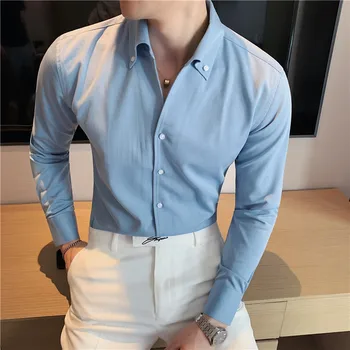 2023 Высококачественная однотонная мужская рубашка с длинным рукавом, Модная Тонкая Мужская Социальная Повседневная деловая рубашка, Черная, белая, синяя рубашка