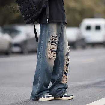 Американские высококачественные джинсы с перфорацией для мужчин, винтажные широкие брюки 2023 года выпуска, прямые рваные брюки A05