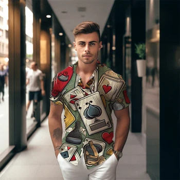 Рубашка с коротким рукавом и 3D-принтом в стиле покер, готическая рубашка с отложным воротником в стиле Харадзюку, Летняя высококачественная рубашка, мужская модная рубашка на пуговицах