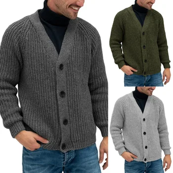 Осенне-зимний мужской вязаный свитер больших размеров для мальчиков, Винтажный Серый кардиган на пуговицах, вязаный топ с длинным рукавом и V-образным вырезом, уличный трикотаж Xxl
