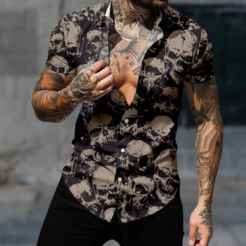 Повседневная гавайская рубашка, рубашка с коротким рукавом для мужчин и женщин, Y2k, череп, Harajuku, Модная уличная одежда в готическом стиле, Уютная одежда