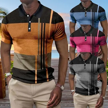 Мужская рубашка с 3D принтом в полоску, модная одежда, летняя деловая повседневная футболка, мужская рубашка поло, уличный топ с коротким рукавом на молнии