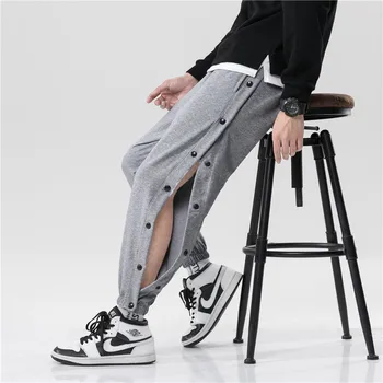 Мужские повседневные брюки с модной резинкой сбоку, открытые спортивные штаны с полной грудью, брюки для фитнеса, свободные хлопковые брюки в тонком стиле