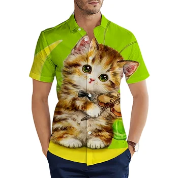 Мужские рубашки HX Fashion с милыми животными, полосатым котом и котенком, повседневные рубашки с 3D принтом по всей мужской одежде, летние топы, майки