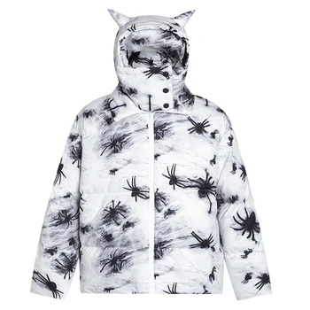 Мужская хлопчатобумажная одежда с рисунком паука, Винтажная теплая куртка со стоячим воротником, пара Модных брендов, Свободная Универсальная парка с принтом