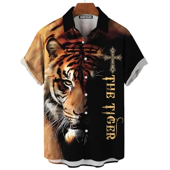 Гавайская рубашка с животными Для мужчин, рубашка с короткими рукавами с 3D принтом Тигра, Летний Повседневный топ, Свободная рубашка оверсайз, Уличная толстовка, Топы