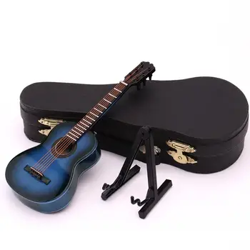 Синяя мини-модель классической гитары, деревянный миниатюрный дисплей для гитары, украшение музыкального инструмента, подарок с подставкой-футляром