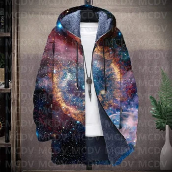 Мужское толстое плюшевое пальто с длинными рукавами и принтом в стиле ретро, кардиган, флисовое пальто с капюшоном Galaxy 3D, толстая теплая куртка унисекс