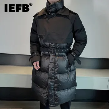 Мужские пуховики в стиле пэчворк IEFB с воротником-стойкой и пряжкой длиной до колен, мужские хлопчатобумажные пальто, утолщенная верхняя одежда, новинка зимы 9C4100