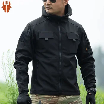 Mege Tactical Softshell для мужчин, военный камуфляж, уличные ветровки с несколькими карманами, капюшон, осенняя теплая черная зимняя куртка