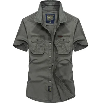 Мужские хлопчатобумажные рубашки в стиле милитари, Повседневные платья, Облегающие топы с коротким рукавом, Рабочая рубашка, мужской Однотонный Летний Модный Нагрудный карман 4XL