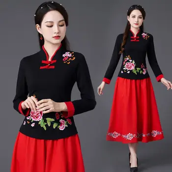 Женские топы больших размеров Cheongsam 2023, весенние модные принты, сращивание костюма Тан в китайском стиле, рубашки Ципао, женские рубашки