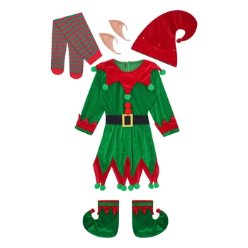 Рождественские костюмы Эльфа для маленьких девочек, платье с длинным рукавом, шляпа с поясом, Обувь, чулки в полоску, вечеринка, Косплей, Рождество, Новый Год, Хэллоуин, вечеринка