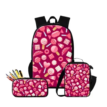 Школьные сумки для девочек с принтом Зефирных конфет и сумка-холодильник для ученицы, 3 шт./компл., Женский рюкзак для путешествий, сумка для начальной школы, пенал для карандашей