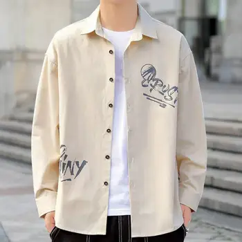 Повседневная рубашка Пальто Мужская Демисезонная с длинным рукавом и лацканами с принтом, однобортный дизайн, верхняя одежда свободного кроя