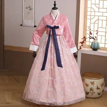 Традиционная корейская одежда для женщин, розовый придворный костюм, юбка-качели для меньшинств, танцевальный костюм для выступлений на сцене, Верхнее платье, костюм
