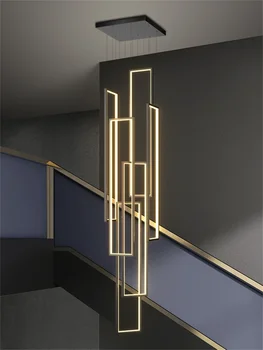 Большая современная люстра для лестницы, подвесной светильник для домашнего декора, черный / золотой, внутреннее освещение, роскошный креативный прямоугольный блеск