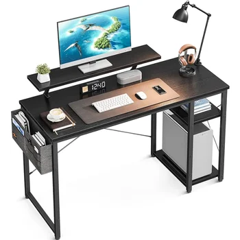 Компьютерный стол с Подставкой для монитора и Реверсивными 2-Ярусными Полками Для Хранения, Рабочий Рабочий Компьютерный стол для Небольших помещений, Черный Письменный стол