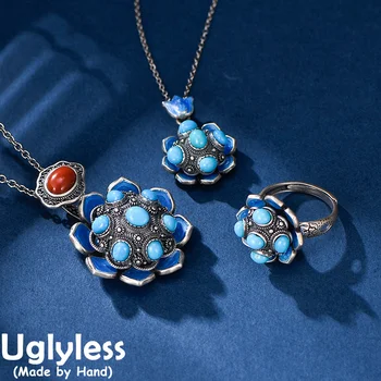 Безукоризненные Вращающиеся Наборы креативных ювелирных украшений Lotus для женщин, Экзотические Впечатляющие Винтажные кольца, подвески, ожерелья из серебра 925 пробы, БЕЗ цепочек