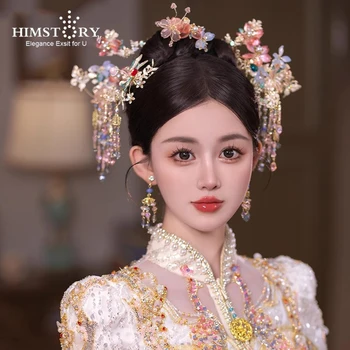 HIMSTORY Китайская свадьба, Прозрачные Хрустальные цветы, Бабочка, Головной убор Ханфу, Традиционный костюм невесты, Аксессуары для волос Xiuhe