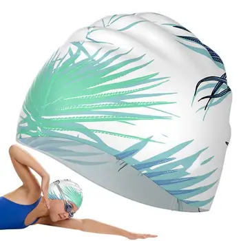 Силиконовая шапочка для плавания Профессиональная шапочка для плавания Водонепроницаемая Непромокаемая силиконовая шапочка для защиты волос с принтом для длинных волос Подходит для бассейна и пляжа