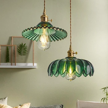 SANDYHA Современный минималистичный подвесной светильник с зелеными лепестками, прикроватный стеклянный светильник в скандинавском ретро стиле, светодиодные люстры для спальни, столовой