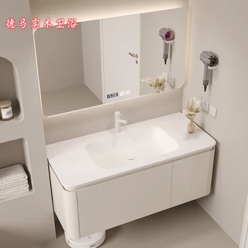 Современная, простая и интегрированная раковина, плоский шкаф для ванной комнаты, комбинированная ванная комната из дуба и умывальник из массива дерева.