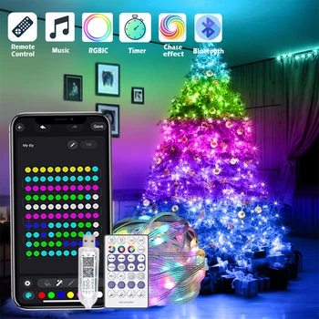 Огни Рождественской Елки На Открытом воздухе В помещении, 100LED 10M WS2812B RGBIC Огни, Струнные Огни IP65 Водонепроницаемый Bluetooth Fairy LED String