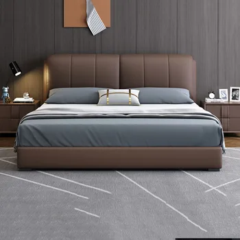 Большая дизайнерская двуспальная кровать черного цвета С современными кожаными рамами, двуспальная кровать размера 