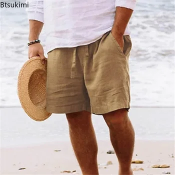 2023 Мужские летние хлопчатобумажные льняные шорты, короткие брюки на шнурке, мужские дышащие однотонные пляжные шорты большого размера для мужчин, летние брюки