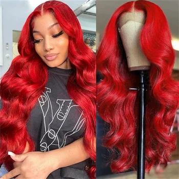 Ярко-красный Объемный волнистый Прозрачный парик с кружевом спереди, предварительно выщипанный из бесклеевых человеческих волос 180 плотности, парик с кружевом спереди 13X4 для чернокожих женщин