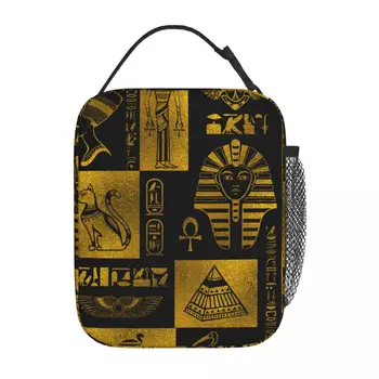 Египетский золотой коллаж с иероглифами и символами, изолированная сумка для ланча, Египетский контейнер для еды большой емкости, термосумка-тоут, ланч-бокс