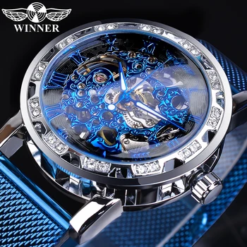 Winner, ведущий модный бренд, мужские механические часы со скелетом, бриллиантовый дисплей, Классическая шестерня из синей стали, мужские деловые наручные часы