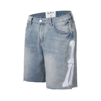 Планка в американском уличном стиле с вышитым костяным узором без отверстий, обрезанные края Свободные и универсальные джинсовые шорты