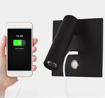 Современный минималистичный Прикроватный светильник для спальни с проживанием в семье в отеле, Черный, заряжающийся от USB, Встроенный настенный светильник для чтения