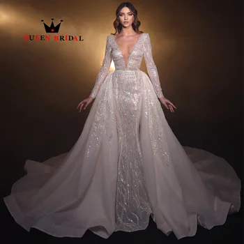 Изысканные свадебные платья с блестками и кружевом с длинным рукавом 2024 года, платье со съемным шлейфом и V-образным вырезом Birdal Vestidos De Novia на заказ Y13X