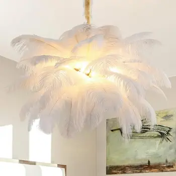 Люстра- Современная люстра из страусиных перьев -Люстра из белых перьев, современный подвесной светильник, потолочная люстра на 6 ламп