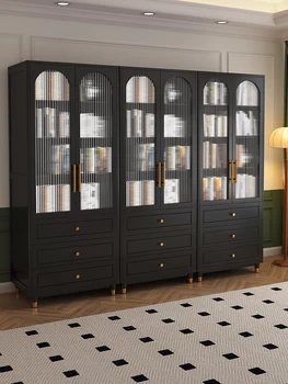 Легкая роскошная книжная полка из массива дерева, черный кабинет в американском и французском стиле, арочный шкаф
