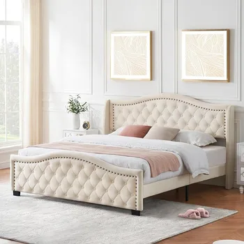 Мебель для спальни Каркас кровати королевского размера, мягкая платформа с откидной спинкой, высокое изголовье, без пружин, грязно-белый