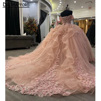 Розовое бальное платье принцессы с открытыми плечами, Пышные платья, Хрустальное платье для вечеринки по случаю Дня рождения, 3D Цветы, Сладкое 16 платьев, Vestidos De 15 Años