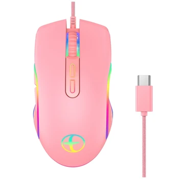 Игровая мышь USB C с разрешением 3200 точек на дюйм, Компьютерные Оптические Мыши Wried для PC Gamer RGB 4 С Дышащей светодиодной Подсветкой, Розовая Модель Type-C