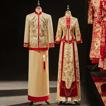 Chinese Traditional Gold Wedding Dress Embroidery Beading Banquet High-quaity Classic Cheongsam China Qipao костюм для восточных