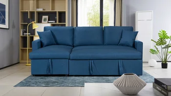 Секционный диван с реверсивным спальным местом из голубой льняной ткани цвета Пейсли с шезлонгом для хранения