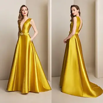 2020 Желтые вечерние платья трапециевидной формы с глубоким V-образным вырезом, атласное сексуальное платье для выпускного вечера со шлейфом сзади, вечерние платья, сшитые на заказ