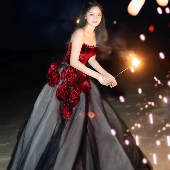 Расшитое бисером красное и черное тюлевое платье без бретелек, бархатные вечерние платья с цветами, Элегантное свадебное бальное платье для новобрачных