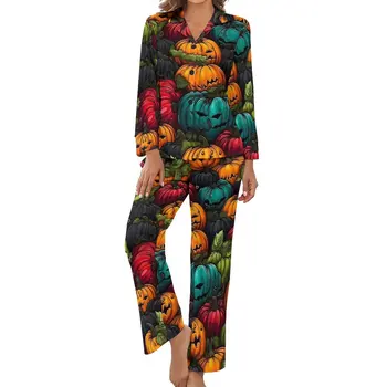 Пижама с принтом на Хэллоуин, Весна, 2 предмета, Забавная тыква, Модные пижамные комплекты, Женские длинные рукава, V-образный вырез, Домашний костюм с принтом для спальни