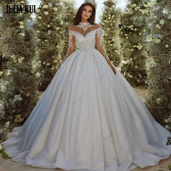 Джулия Куи Элегантное свадебное платье принцессы с пышными рукавами, расшитое бисером, жемчугом, аппликациями, Кружевные свадебные платья на пуговицах